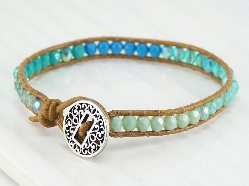 Leather Wrap Bracelet, Chan Luu Inspired Bracelet, Bohemian Bracelet, Woven Bracelet, Czech Glass Bracelet, Boho Bracelet, Vaci Bracelet Aqua