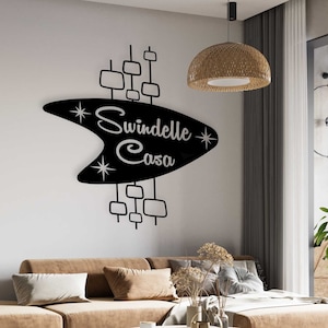 Custom Mid Century Modern Boomerang Metal Name Sign, Retro MCM Wall Art Decor