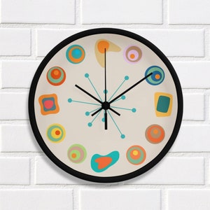 Mid Century Modern Abstract Wall Clock, Unique Retro Style kitchen Decor, Vintage 1950s Starburst, MCM Colorful Round Wooden Sunburst Art