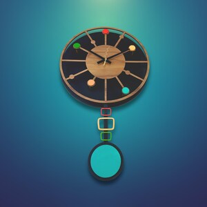 May include: A wooden clock with a black face and colorful accents. The clock has a pendulum with a turquoise circle at the bottom.