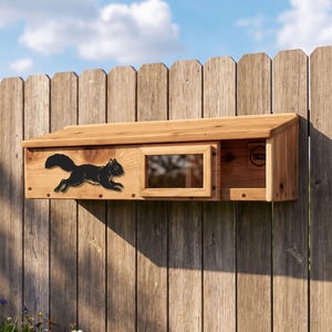 May include: A rectangular wooden squirrel feeder with a slanted roof, featuring a black silhouette of a running squirrel on the left side and a clear rectangular viewing window in the center, mounted horizontally on a vertical wooden fence.