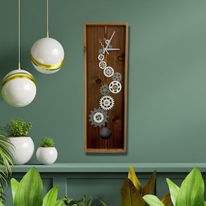 Pendulum Wall Clock w/ Faux Gears, Cedar Wood & Silver, Unique Wooden Home Decor, Gift for Steampunk Lover, Moving Living Room Art Clock,