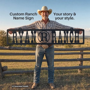 May include: A black metal rectangular sign featuring the text RYAN RANCH with a circular R monogram in the center. The sign includes two mounting holes at the top and displays the text Custom Ranch Name Sign Your story & your style.