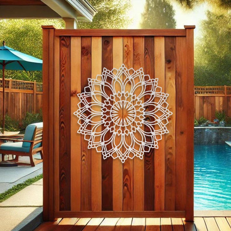 Lotus Flower Mandala Wall Art, Metal Flower Decor, Tranquil Om Backyard Garden Decor, Outdoor Boho Patio Wall Hanging Accent, Poolside Sign