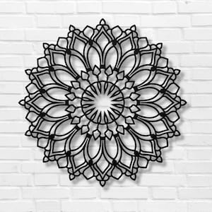 Lotus Flower Mandala Wall Art, Metal Flower Decor, Tranquil Om Backyard Garden Decor, Outdoor Boho Patio Wall Hanging Accent, Poolside Sign in black