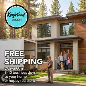 May include: An image of a modern home with a delivery truck in front. A family waves from the porch as a delivery person unloads boxes. The text "KingWood DECOR" is in a circular logo, and "FREE SHIPPING" is displayed prominently.