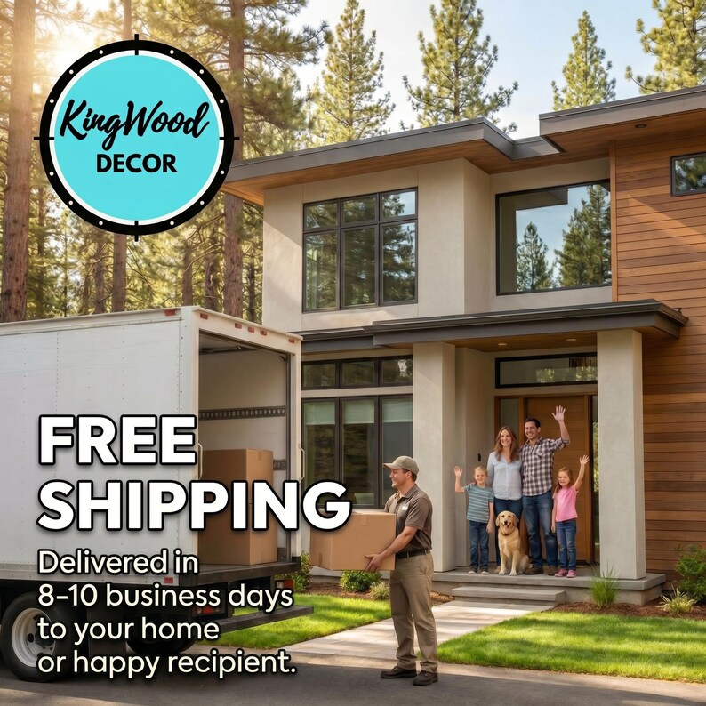 May include: An image of a modern home with a delivery truck in front. A family waves from the porch as a delivery person unloads boxes. The text "KingWood DECOR" is in a circular logo, and "FREE SHIPPING" is displayed prominently.