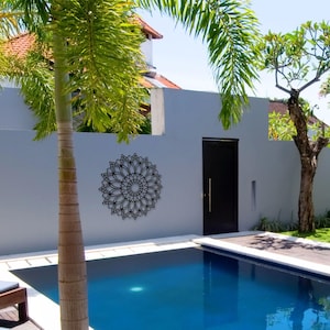 Lotus Flower Mandala Wall Art, Metal Flower Decor, Tranquil Om Backyard Garden Decor, Outdoor Boho Patio Wall Hanging Accent, Poolside Sign