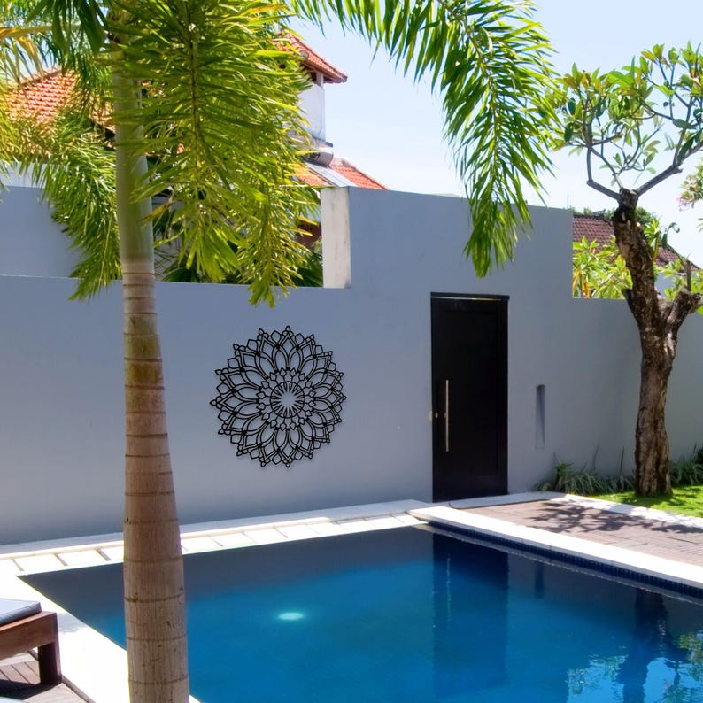 Lotus Flower Mandala Wall Art, Metal Flower Decor, Tranquil Om Backyard Garden Decor, Outdoor Boho Patio Wall Hanging Accent, Poolside Sign