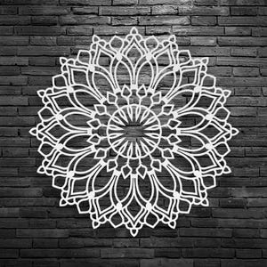 Lotus Flower Mandala Wall Art, Metal Flower Decor, Tranquil Om Backyard Garden Decor, Outdoor Boho Patio Wall Hanging Accent, Poolside Sign in white