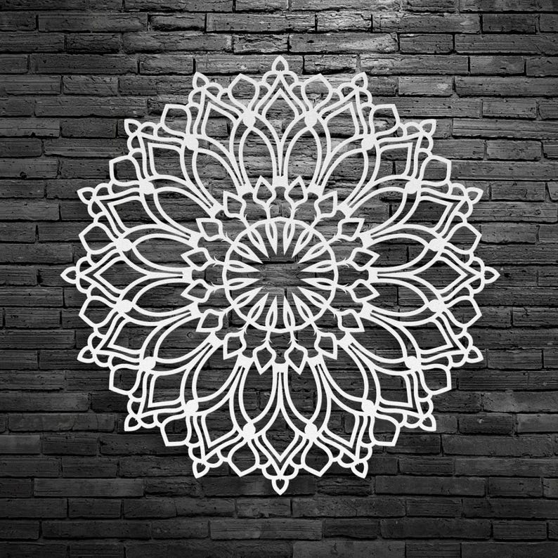 Lotus Flower Mandala Wall Art, Metal Flower Decor, Tranquil Om Backyard Garden Decor, Outdoor Boho Patio Wall Hanging Accent, Poolside Sign in white