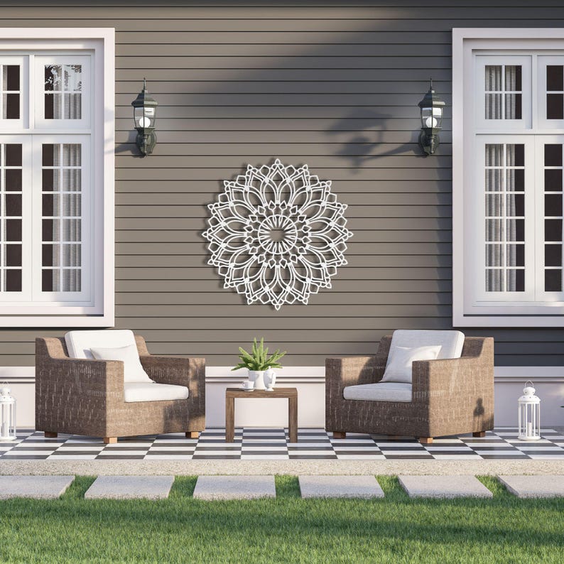 Lotus Flower Mandala Wall Art, Metal Flower Decor, Tranquil Om Backyard Garden Decor, Outdoor Boho Patio Wall Hanging Accent, Poolside Sign