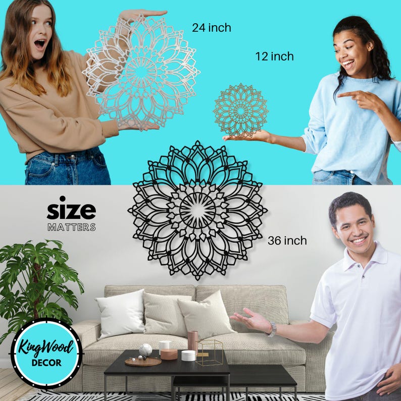 Lotus Flower Mandala Wall Art, Metal Flower Decor, Tranquil Om Backyard Garden Decor, Outdoor Boho Patio Wall Hanging Accent, Poolside Sign size chart