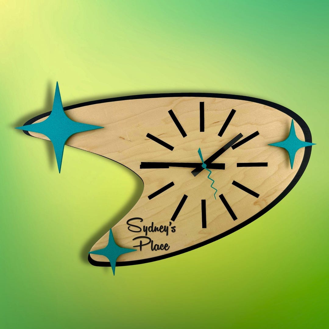 Custom Name Wall Clock, Mid Century Modern 50s Decor, Retro Boomerang ...