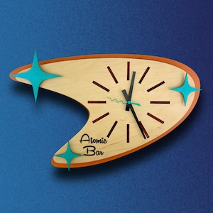 Personalized Wall Clock, Mid Century Modern 50s Decor, Retro Boomerang Quartz Hanging Clock, Handmade Wooden Wall Art, Custom MCM Decoration
