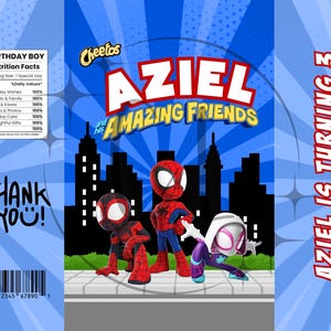 May include: A blue birthday-themed snack bag featuring Spider-Man characters. The bag has the text "AZIEL AND HIS AMAZING FRIENDS" and "AZIEL IS TURNING 3". Includes a barcode and the words "THANK YOU!" and "BIRTHDAY BOY Nutrition Facts".