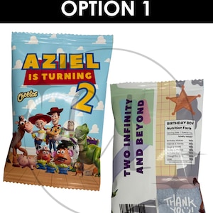 May include: Two custom chip bags. One bag has the text "AZIEL IS TURNING 2" with a cartoon image. The other bag has the text "TWO INFINITY AND BEYOND" and "BIRTHDAY BOY Nutrition Facts". The bags are blue, white, and brown.