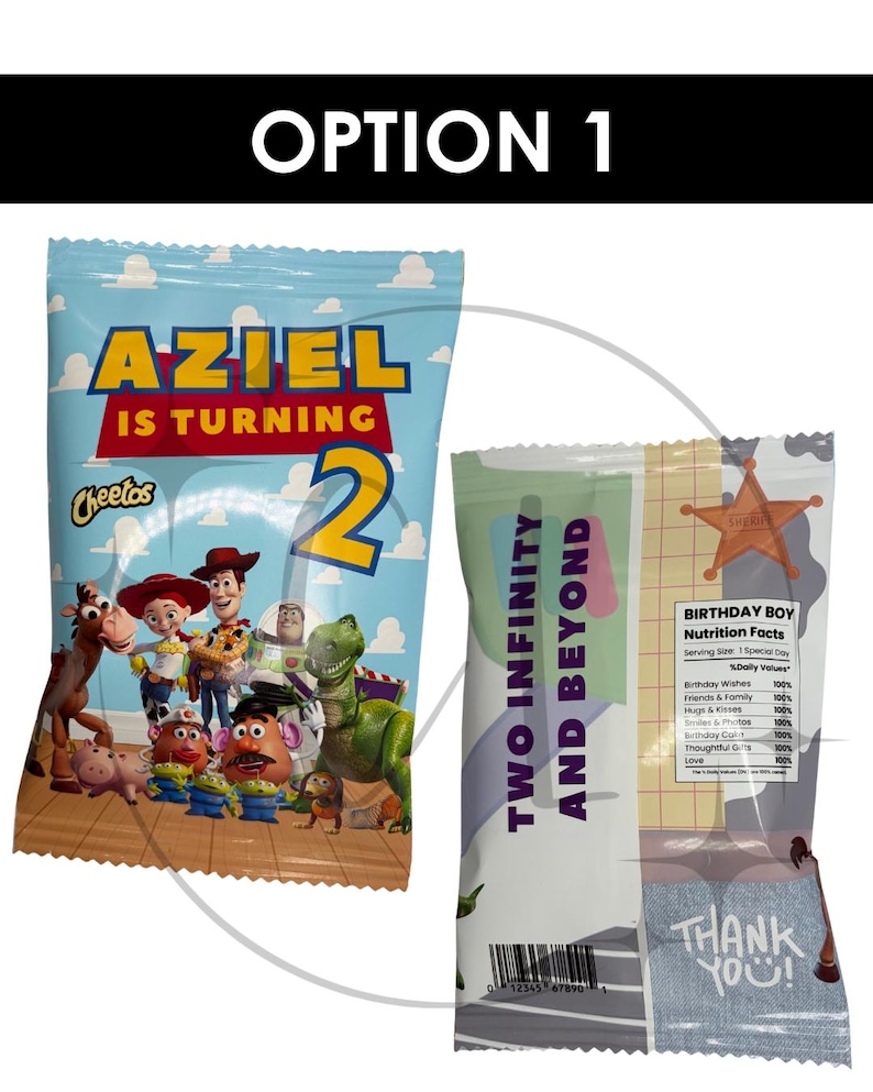 May include: Two custom chip bags. One bag has the text "AZIEL IS TURNING 2" with a cartoon image. The other bag has the text "TWO INFINITY AND BEYOND" and "BIRTHDAY BOY Nutrition Facts". The bags are blue, white, and brown.
