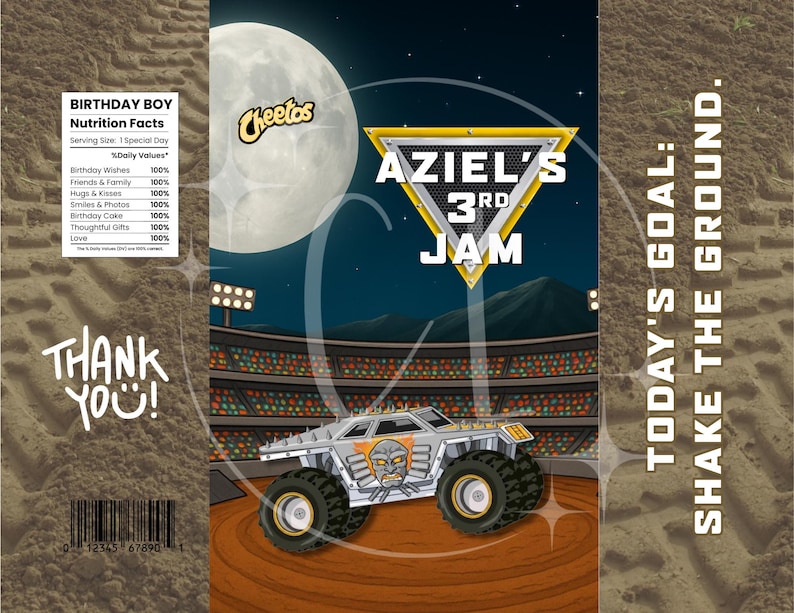Może przedstawiać: Niestandardowa torba na przyjęcie urodzinowe z motywem monster trucka. Torba przedstawia monster truck na stadionie pod nocnym niebem z pełnią księżyca. Tekst zawiera "Aziel's 3rd Jam" i "Today's Goal: Shake the Ground."