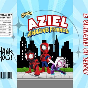 May include: A blue and white birthday-themed snack bag featuring the text "AZIEL & AMAZING FRIENDS" with illustrations of Spider-Man characters. The bag also includes the text "AZIEL IS TURNING 3" and "THANK YOU!"