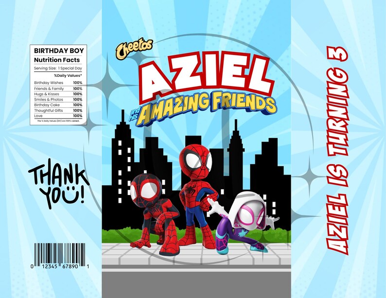 May include: A blue and white birthday-themed snack bag featuring the text "AZIEL & AMAZING FRIENDS" with illustrations of Spider-Man characters. The bag also includes the text "AZIEL IS TURNING 3" and "THANK YOU!"