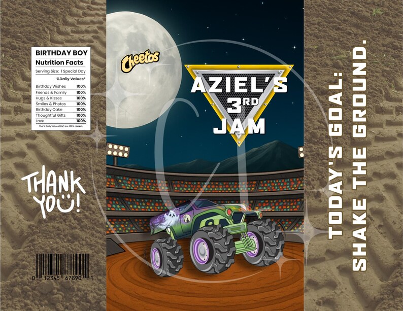 Może przedstawiać: Spersonalizowana torba na przekąski z motywem monster trucka. Torba ma tło nocnego nieba z dużym księżycem i światłami stadionu. Tekst zawiera "AZIEL'S 3RD JAM" i "TODAY'S GOAL: SHAKE THE GROUND."