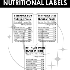 May include: A white graphic with the words "NUTRITIONAL LABELS" at the top. Below are three "Nutrition Facts" labels for "Birthday Boy", "Birthday Girl", and "Birthday Twins", listing daily values for birthday wishes, family, and love.