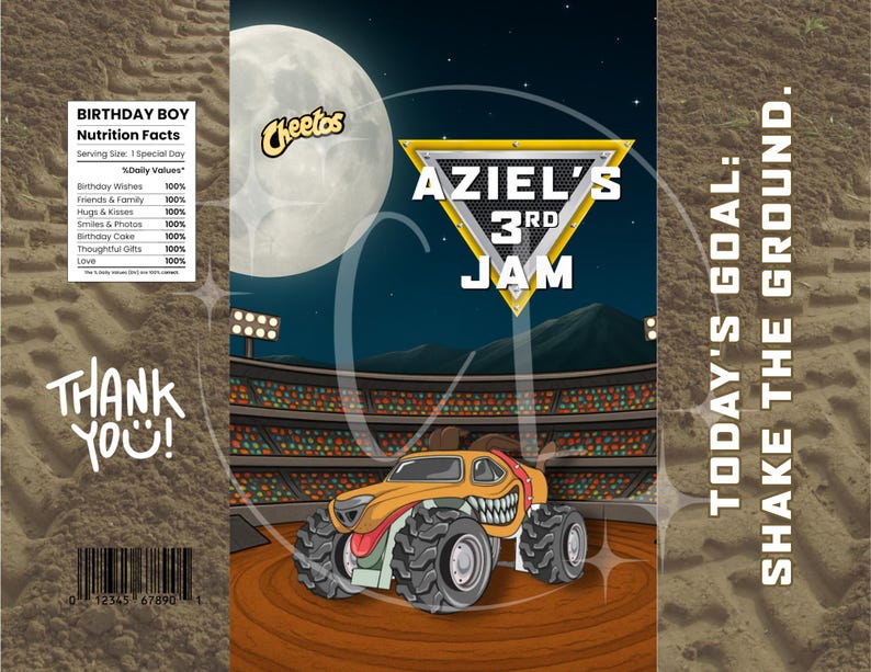 Może przedstawiać: Spersonalizowana torba na przekąski z ilustracją monster trucka. Torba ma tło nocnego nieba z pełnią księżyca i światłami stadionu. Tekst zawiera "AZIEL'S 3RD JAM" i "TODAY'S GOAL: SHAKE THE GROUND."