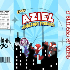 May include: A blue and white birthday-themed snack bag featuring the text "Aziel & Amazing Friends" with superhero characters. The bag also includes the text "Aziel is Turning 3" and "Thank You!"