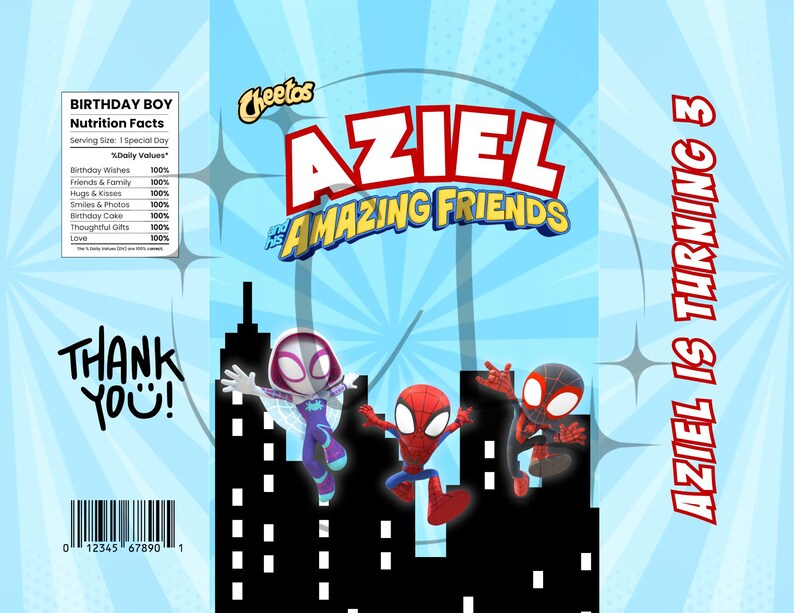 May include: A blue and white birthday-themed snack bag featuring the text "Aziel & Amazing Friends" with superhero characters. The bag also includes the text "Aziel is Turning 3" and "Thank You!"