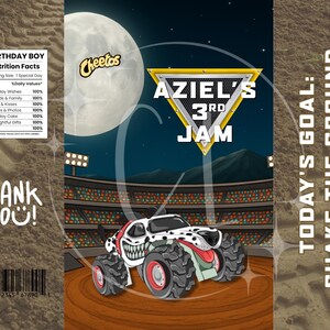 Może przedstawiać: Spersonalizowana torba na przekąski z ilustracją monster trucka. Tło przedstawia nocne niebo, pełnię księżyca i światła stadionowe. Tekst zawiera "AZIEL'S 3RD JAM" i "TODAY'S GOAL: SHAKE THE GROUND."
