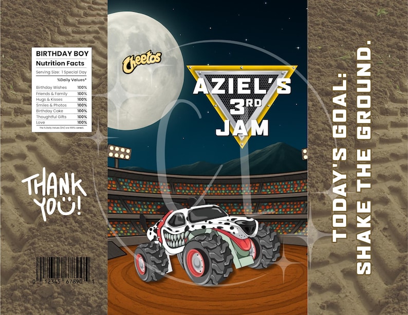 Może przedstawiać: Spersonalizowana torba na przekąski z ilustracją monster trucka. Tło przedstawia nocne niebo, pełnię księżyca i światła stadionowe. Tekst zawiera "AZIEL'S 3RD JAM" i "TODAY'S GOAL: SHAKE THE GROUND."