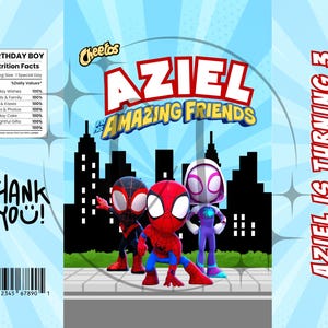 May include: A blue and white birthday-themed snack bag featuring the text "AZIEL & AMAZING FRIENDS" with cartoon Spider-Man characters. The bag also includes the text "AZIEL IS TURNING 3" and a "Nutrition Facts" section.