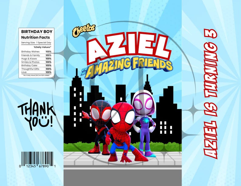 May include: A blue and white birthday-themed snack bag featuring the text "AZIEL & AMAZING FRIENDS" with cartoon Spider-Man characters. The bag also includes the text "AZIEL IS TURNING 3" and a "Nutrition Facts" section.