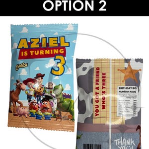 May include: Two custom-designed snack bags. One bag features the text "AZIEL IS TURNING 3" with cartoon characters. The other bag has a cowhide pattern and the text "YOU GOT A FRIEND WHO'S THREE".
