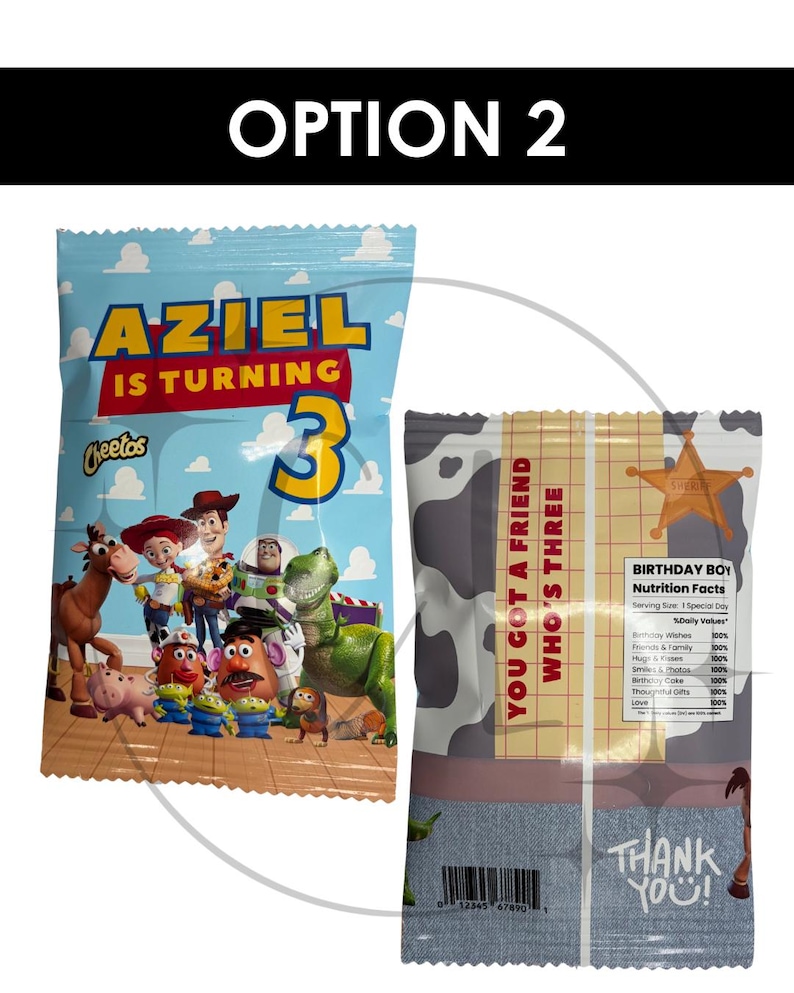 May include: Two custom-designed snack bags. One bag features the text "AZIEL IS TURNING 3" with cartoon characters. The other bag has a cowhide pattern and the text "YOU GOT A FRIEND WHO'S THREE".