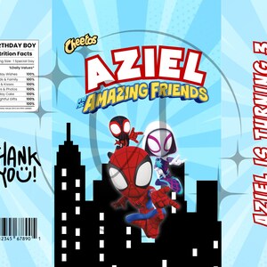 May include: A blue and white birthday-themed snack bag featuring the text "AZIEL & AMAZING FRIENDS" and "AZIEL IS TURNING 3". The bag showcases cartoon illustrations of Spider-Man characters and a cityscape silhouette.
