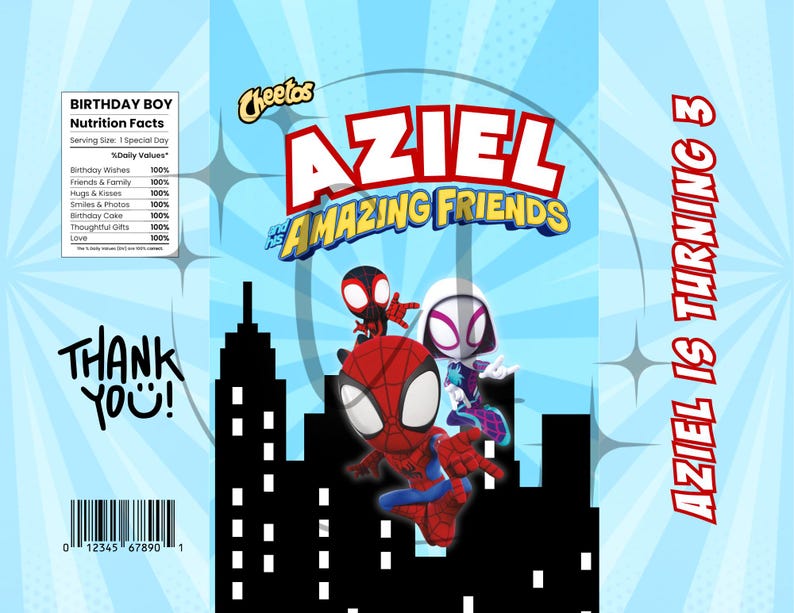 May include: A blue and white birthday-themed snack bag featuring the text "AZIEL & AMAZING FRIENDS" and "AZIEL IS TURNING 3". The bag showcases cartoon illustrations of Spider-Man characters and a cityscape silhouette.