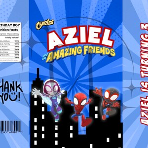 May include: A blue birthday-themed snack bag featuring the text "AZIEL AND HIS AMAZING FRIENDS" with superhero illustrations. The bag also includes the text "AZIEL IS TURNING 3" and "THANK YOU!" with a barcode at the bottom.