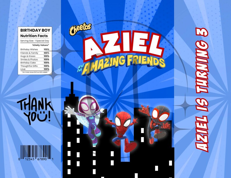May include: A blue birthday-themed snack bag featuring the text "AZIEL AND HIS AMAZING FRIENDS" with superhero illustrations. The bag also includes the text "AZIEL IS TURNING 3" and "THANK YOU!" with a barcode at the bottom.