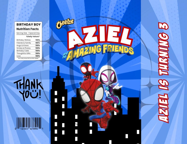 May include: A blue birthday-themed snack bag featuring Spider-Man and friends. The bag has the text "AZIEL and his AMAZING FRIENDS" and "AZIEL IS TURNING 3". Includes a "BIRTHDAY BOY" nutrition facts label and "THANK YOU!" text.