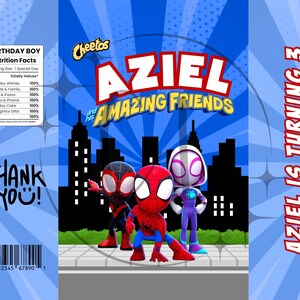 May include: A blue and red birthday-themed snack bag featuring the text "AZIEL and AMAZING FRIENDS". The bag showcases cartoon characters and the words "AZIEL IS TURNING 3". The design includes a cityscape backdrop and the words "THANK YOU!"
