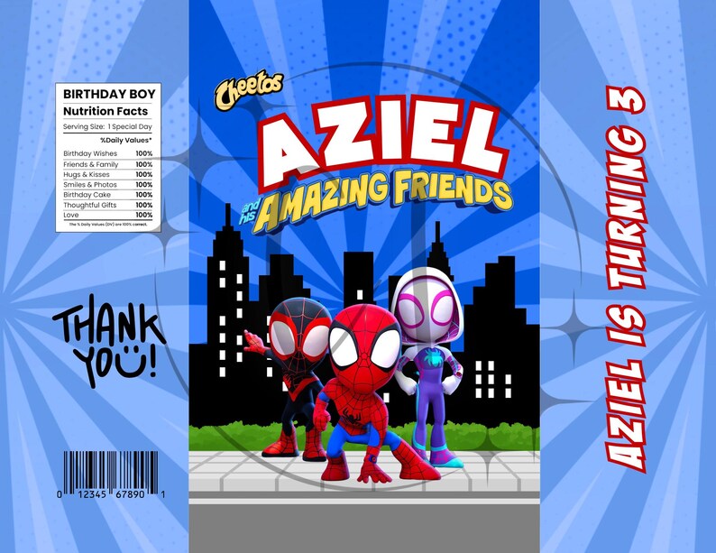 May include: A blue and red birthday-themed snack bag featuring the text "AZIEL and AMAZING FRIENDS". The bag showcases cartoon characters and the words "AZIEL IS TURNING 3". The design includes a cityscape backdrop and the words "THANK YOU!"