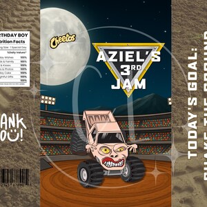 Może przedstawiać: Niestandardowa torba na przekąski z ilustracją monster trucka i tekstem "AZIEL'S 3RD JAM". Projekt zawiera pełnię księżyca, światła stadionowe i logo Cheetos. Torba zawiera r&oacute;wnież informacje o wartości odżywczej "Birthday Boy" i tekst "Dziękuję!".