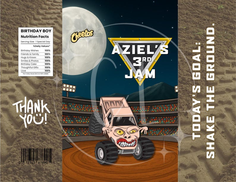 Może przedstawiać: Niestandardowa torba na przekąski z ilustracją monster trucka i tekstem "AZIEL'S 3RD JAM". Projekt zawiera pełnię księżyca, światła stadionowe i logo Cheetos. Torba zawiera r&oacute;wnież informacje o wartości odżywczej "Birthday Boy" i tekst "Dziękuję!".