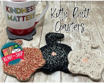Posavasos con forma de trasero de gato / Juego de 4 / Tejidos a mano a crochet / Base de fieltro / Colores surtidos