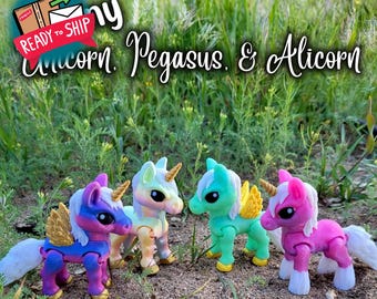 Pequeños ponis flexibles / Listos para enviar, Unicornio / Pegaso / Alicornio / Juguete antiestrés / Impreso en 3D / Figurita / Juguete articulado