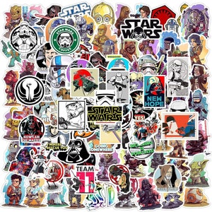 May include: A collection of Star Wars themed stickers featuring characters, logos, and scenes from the movies. The stickers are colorful and feature a variety of designs, including Darth Vader, Yoda, R2-D2, and the Millennium Falcon.