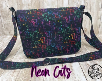 Neon Cats Purse | Mini Messenger Bag | Cross-body purse