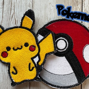 May include: Embroidered patch featuring Pikachu, a yellow creature with black accents and red cheeks, alongside a red, white, and black Pokeball. The word "Pokemon" is written in blue above the characters.